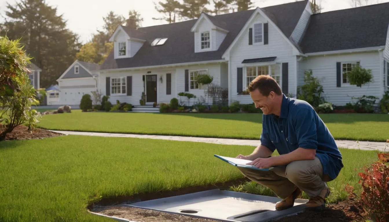 Friendly septic provider talking with a homeowner beside a yard access lid near Philadelphia